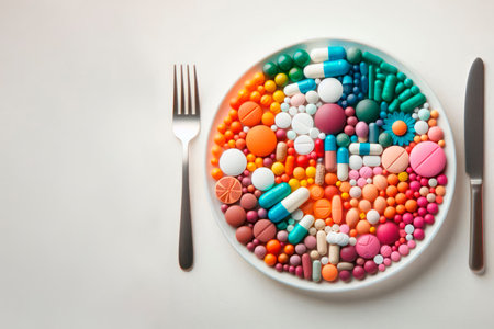 A plate with pills, a knife and a fork. Space for textの素材