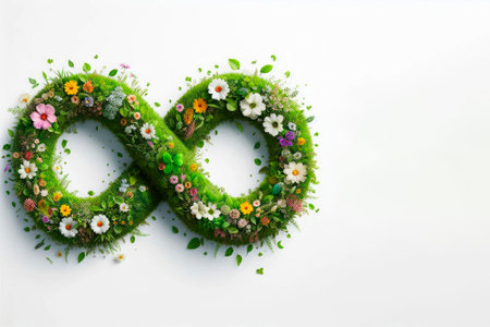 Infinity sign of grass and flowers on a light background. Space for textの素材