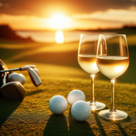 Glasses of wine and golf balls at sunsetの素材