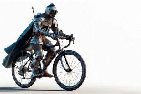 A knight on a bicycle in armor. Space for textの素材