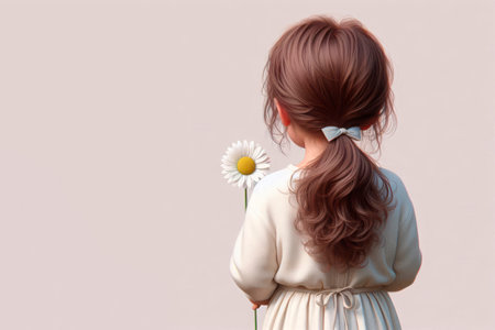 A girl with a daisy in her hand. Space for textの素材