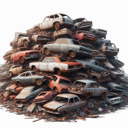A mountain of old cars in a junkyardの素材