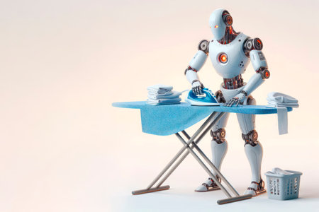 Robot ironing clothes against the background of home comfort. Space for textの素材