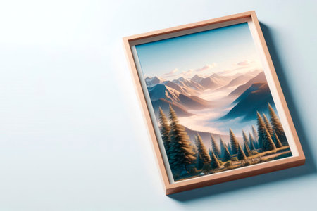 Painting with a landscape of mountains in a wooden frame. Space for textの素材