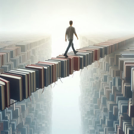 A man walks across a bridge of booksの素材