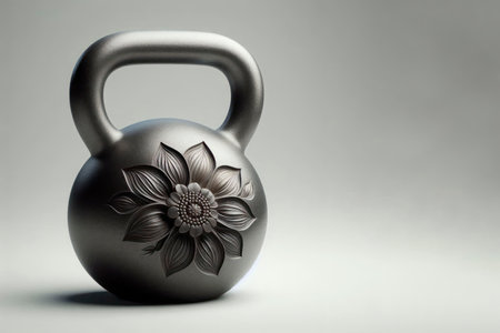 A kettlebell with a flower pattern on a gray background. Space for textの素材