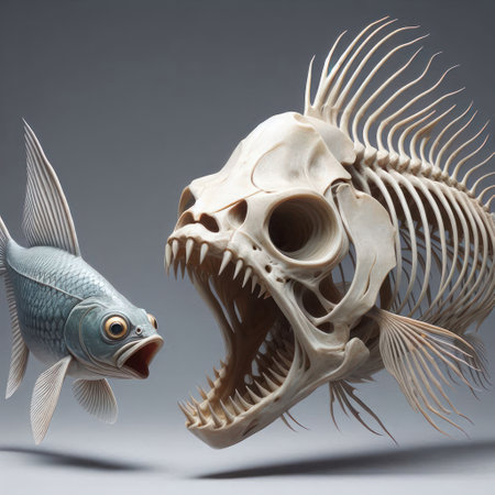Bone skeleton of a fish with live fishの素材