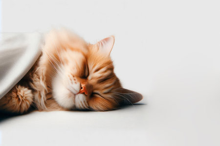 A ginger cat sleeps under a blanket on a light background. Space for textの素材