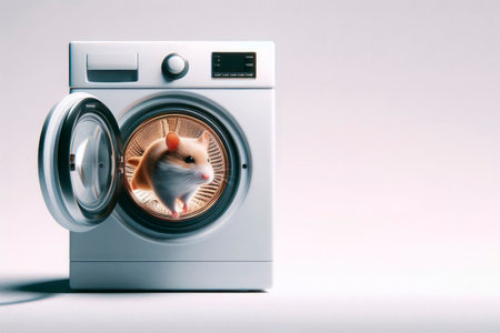 Hamster in the drum of a washing machine. Space for textの素材