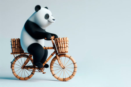 Panda on a bicycle with bamboo baskets. Space for textの素材