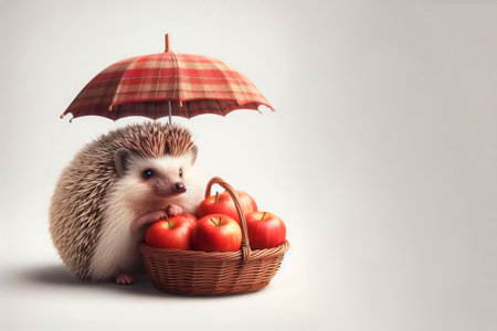 A hedgehog under an umbrella with a basket of apples. Space for textの素材