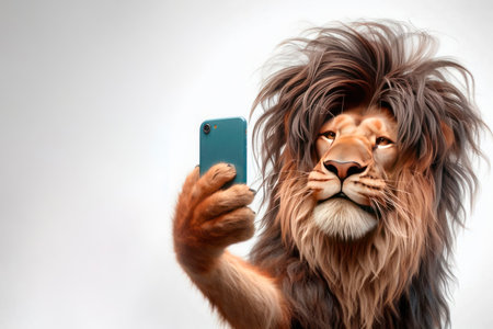 A shaggy lion takes a selfie while holding his phone in his paw. Space for textの素材