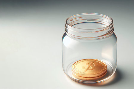 A gold coin in a glass jar. Space for textの素材