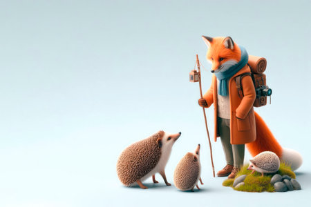 A fox with a lantern and hedgehogs on a walk. Space for textの素材