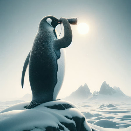 A penguin with binoculars watches the horizon on an icy plainの素材