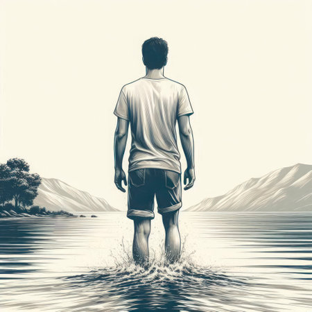 A man stands on the water, looking into the distanceの素材