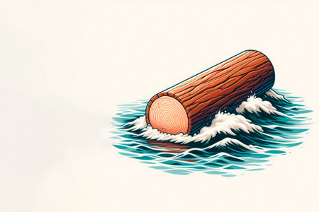 Wooden log on water with waves. Space for textの素材