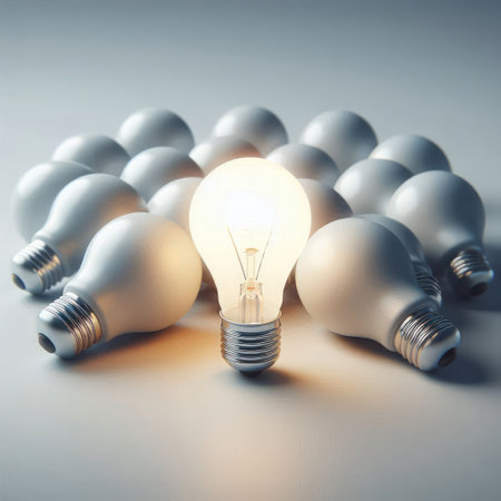 One lit light bulb among the ones turned off. Space for textの素材