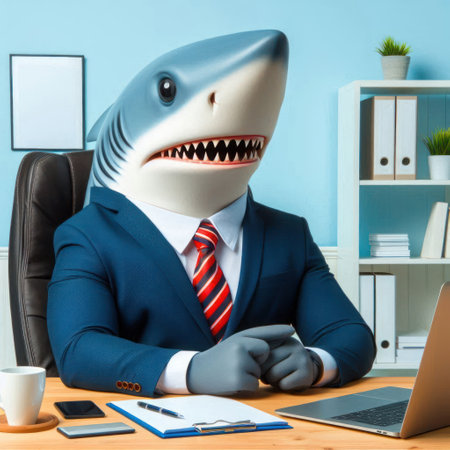 Shark in a business suit at the tableの素材