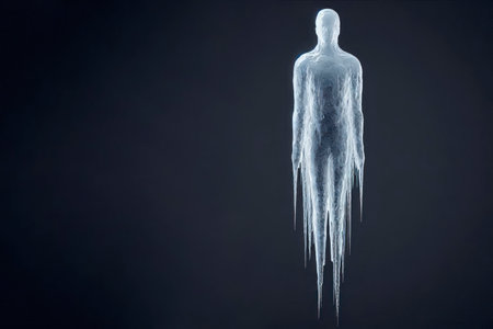 A figure made of ice on a dark background. Space for textの素材