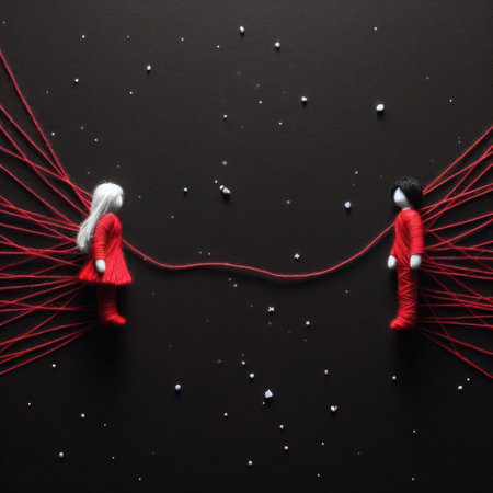 Figures tied with red threads on a dark background. Space for textの素材