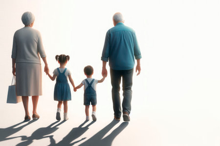 The children walk hand in hand with their grandparents. Space for textの素材