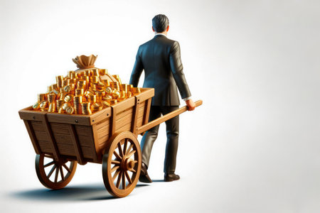 A man in a business suit with a cart full of coins. Space for textの素材