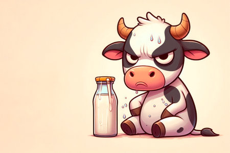 Disgruntled cow with a bottle of milk on a light background. Space for textの素材