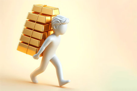 A man carries gold bars on his back. Space for textの素材