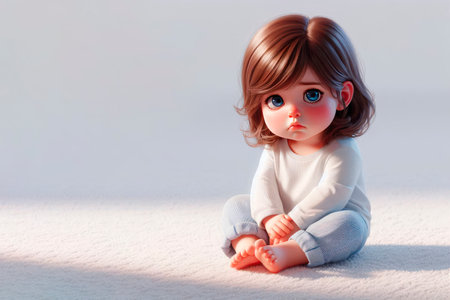 A sad child is sitting on a light background. Space for textの素材