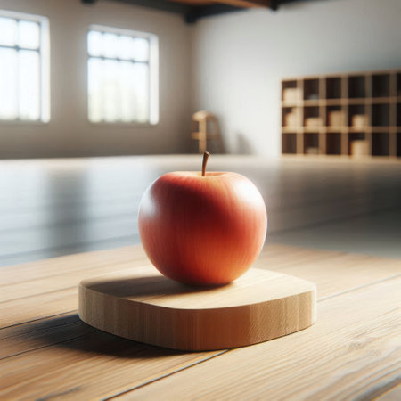 An apple on a wooden stand in a bright roomの素材