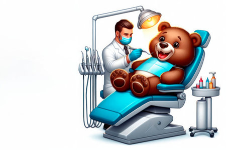 Teddy bear at the dentist's appointment. Space for textの素材