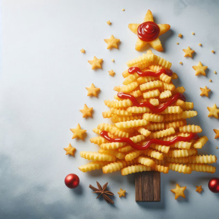 Christmas tree made of French fries with ketchup. Space for textの素材