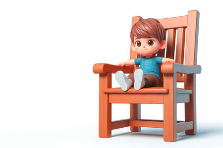 A boy sitting on a large wooden chair. Space for textの素材