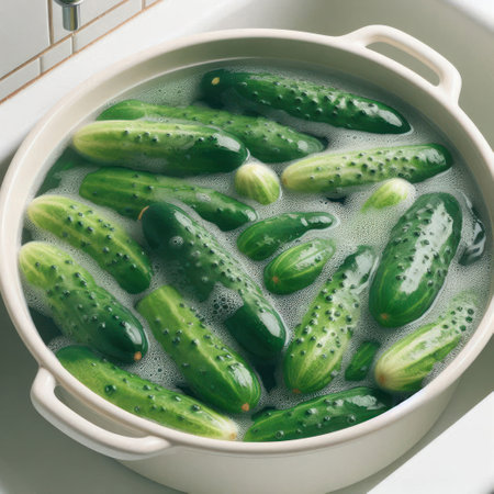 Cucumbers in water in a white bowlの素材