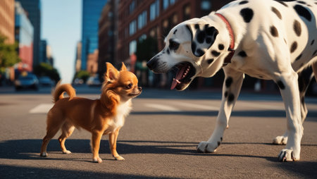 A small dog and a Dalmatian stand opposite each other in the streetの素材