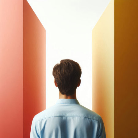 A man looks at the passage between the bright wallsの素材