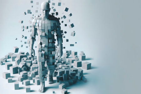 A man made of cubes flying in space. Space for textの素材