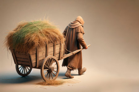 A hay cart pulling through an old village. Space for textの素材