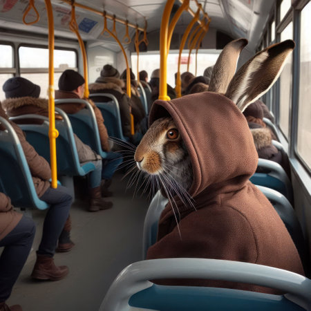 A hare in a brown hoodie is sitting on a bus among peopleの素材