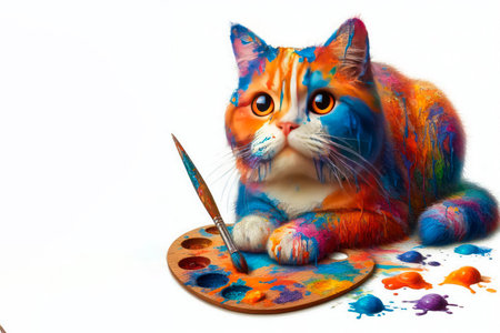 A bright cat-artist with a palette of colors. Space for textの素材