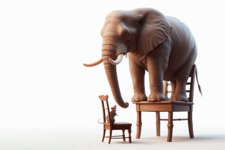 An elephant on a chair looks at a mouse on a chair. Space for textの素材