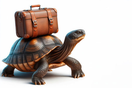 A turtle with a suitcase on its shell. Space for textの素材