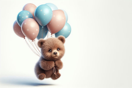 A bear with balloons on a light background. Space for textの素材