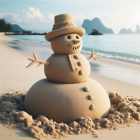 A snowman made of sand on the beachの素材