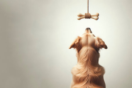 The dog looks at the suspended bone. Space for textの素材