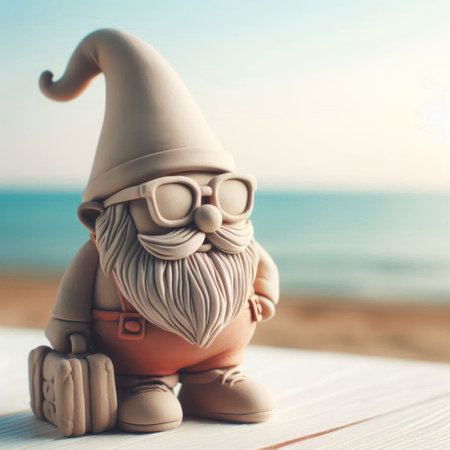 A gnome in glasses with a suitcase by the seaの素材
