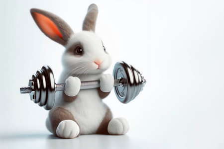 Rabbit with a barbell on a light background. Space for textの素材