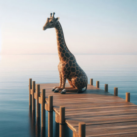 A giraffe sits on a wooden pier by the waterの素材