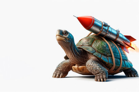 A turtle with a rocket on its shell. Space for textの素材